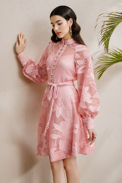 Women's Hollow Lace Floral Lantern Sleeve Mini Dress