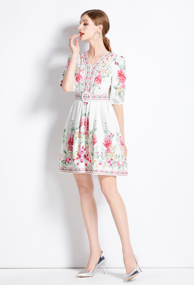 Women's V-neck Floral Print Lantern Sleeve Mini Dress