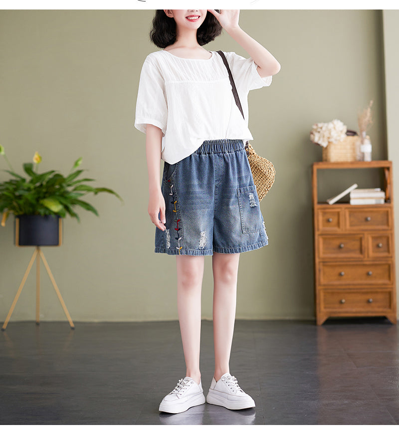 Women's Baggy Pull On Jeans Ripped Denim Shorts - LAI MENG FIVE CATS