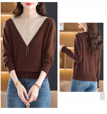 Women's Mock Neck Ribbed Sweaters Knit Patchwork Tops