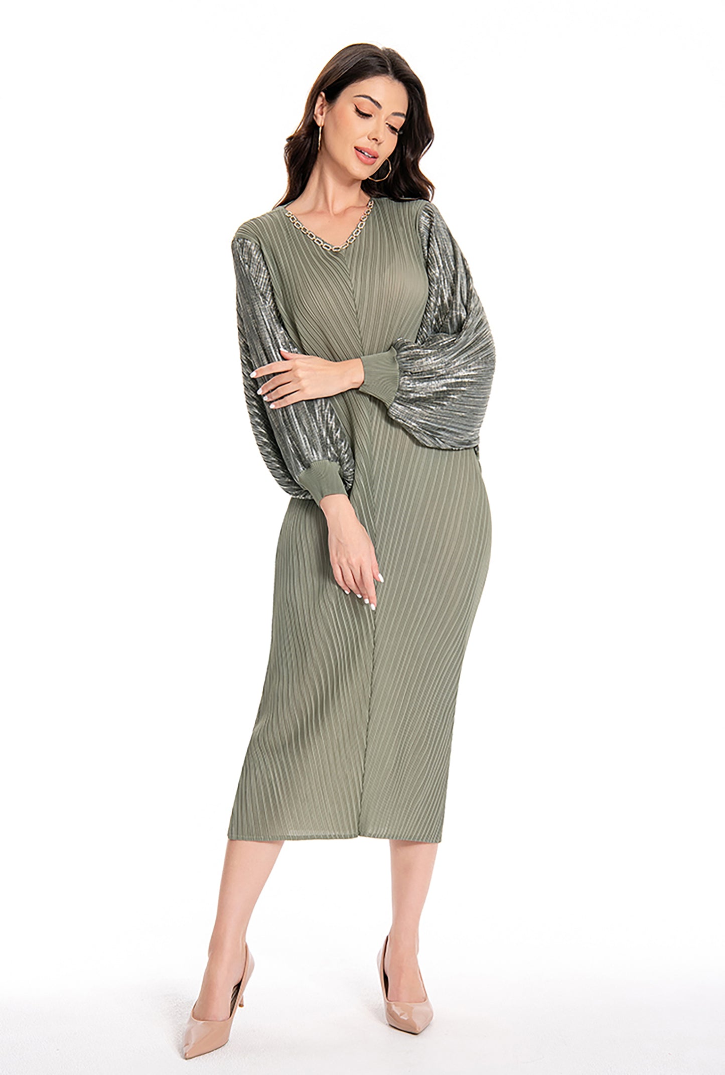 Women's Batwing Sleeves Satin Pleats Elastic Midi Dress