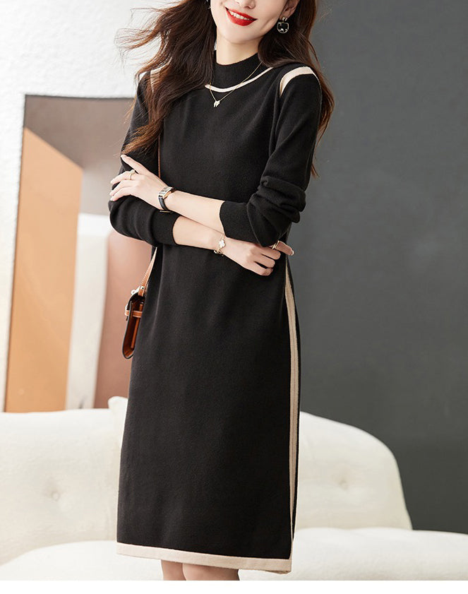 Women's Long Sleeve Basic Sweater Knit Color Block Dress