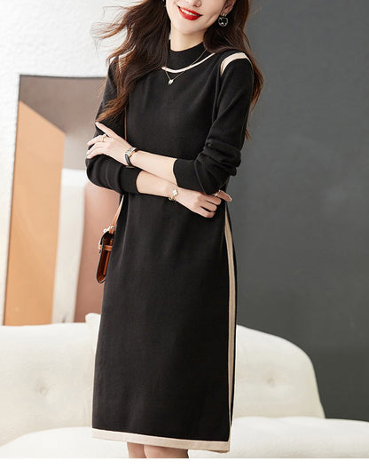 Women's Long Sleeve Basic Sweater Knit Color Block Dress