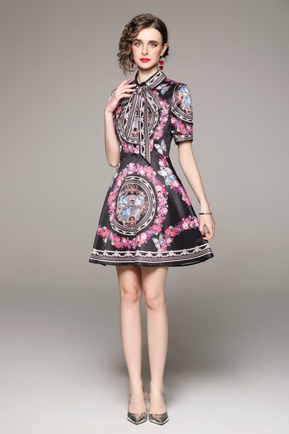 SSY-Women's Floral Lapel Collar Short Sleeve Mini Dress