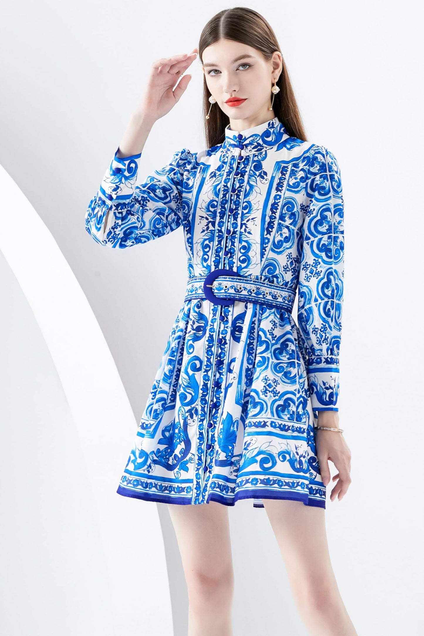 Women's Pattern Button Long Sleeve Casual A-line Mini Dress