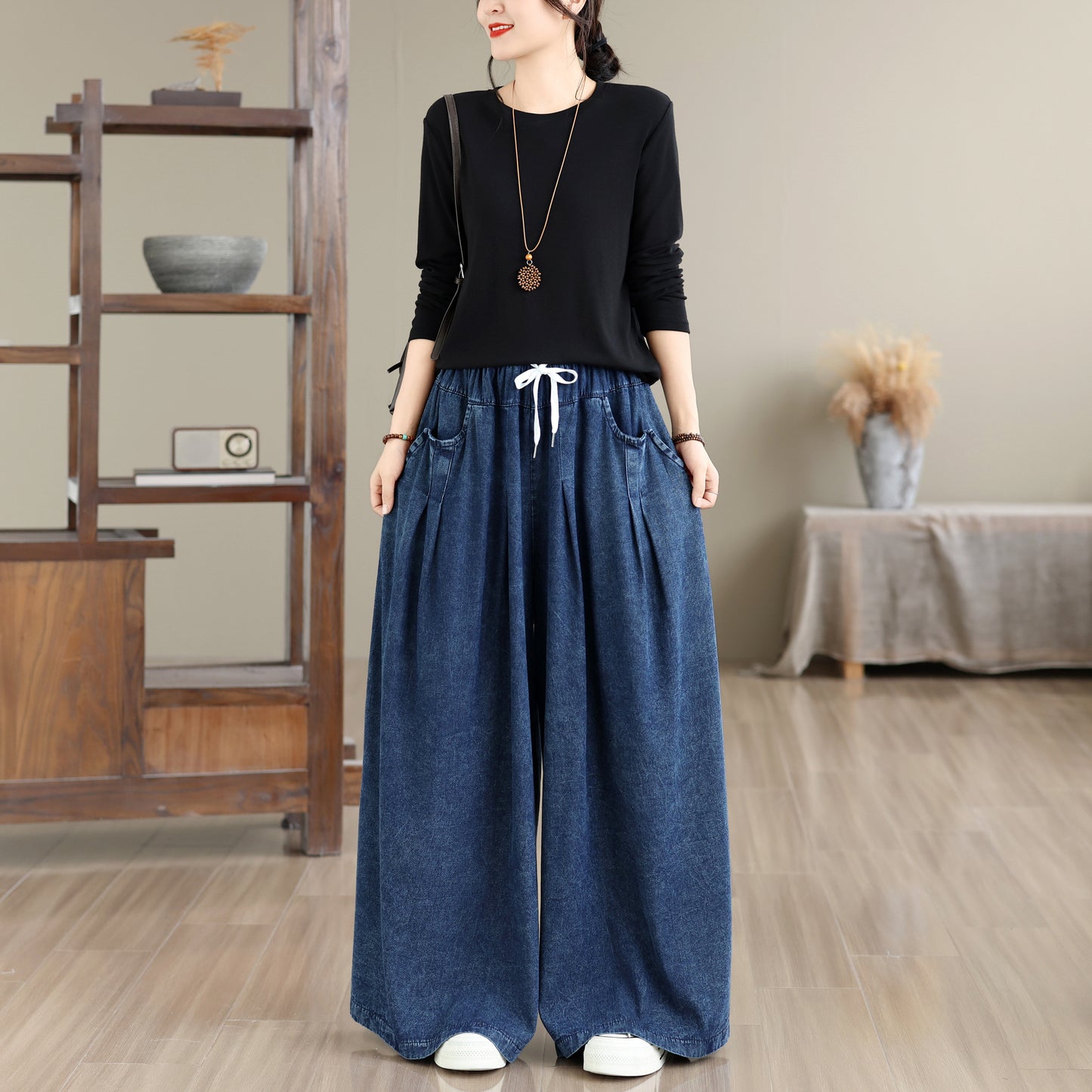 Vintage Loose Fit Drawstring High Waist Jeans Casual Wide Leg Pants