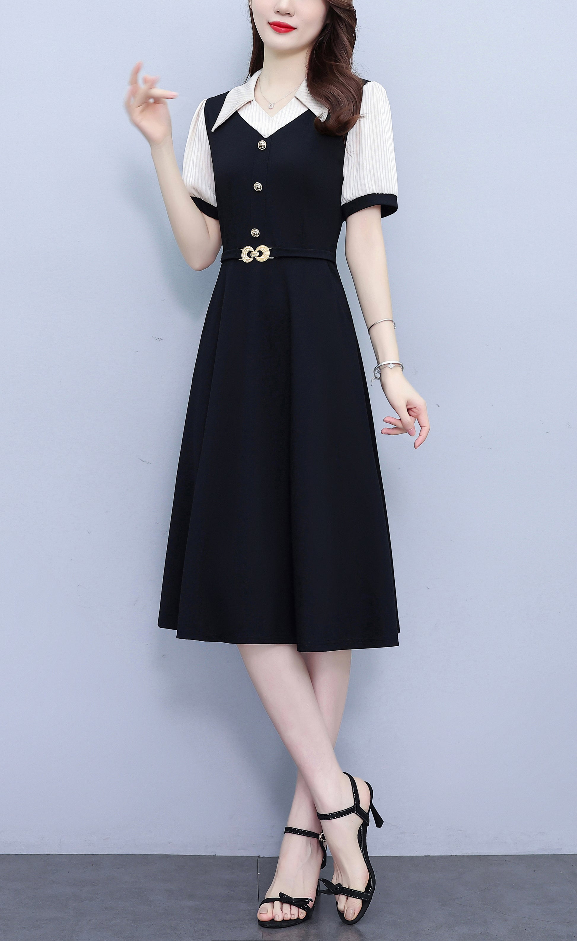 Women's Lapel V-Neck Pocket Short Sleeve Midi Dress - LAI MENG FIVE CATS