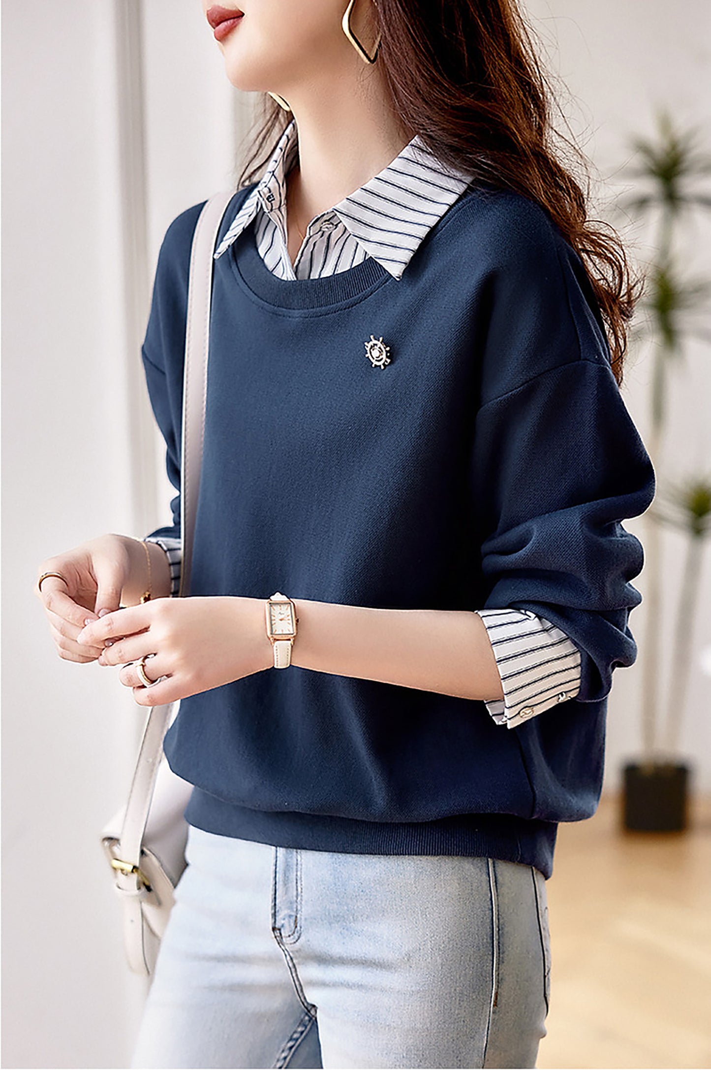 Long Sleeve Patchwork Stripe Blouse Top