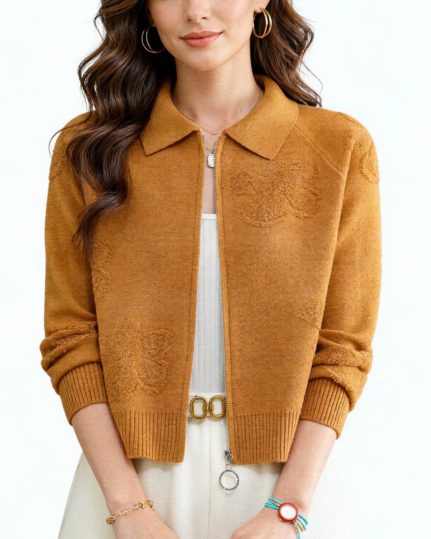 Textured Knit Zip-Up Cardigan Polo Collar Cropped Outerwear