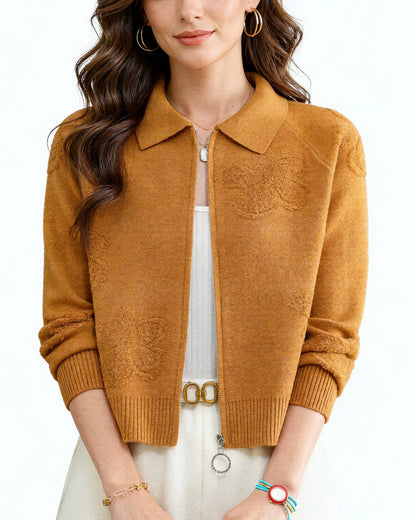 Textured Knit Zip-Up Cardigan Polo Collar Cropped Outerwear