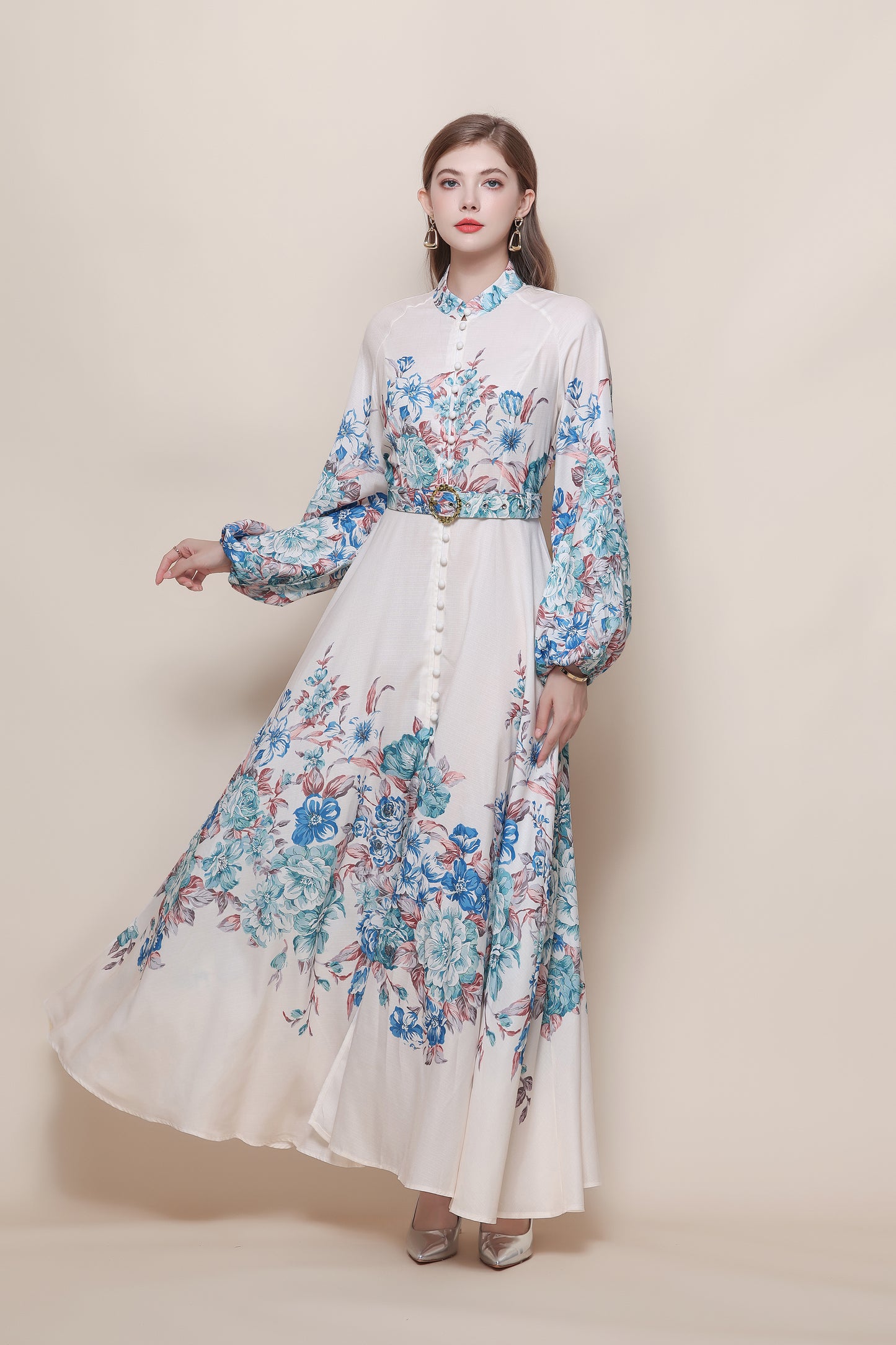 26-Women's Floral Print Puff Sleeve Button Maxi Dress - LAI MENG FIVE CATS