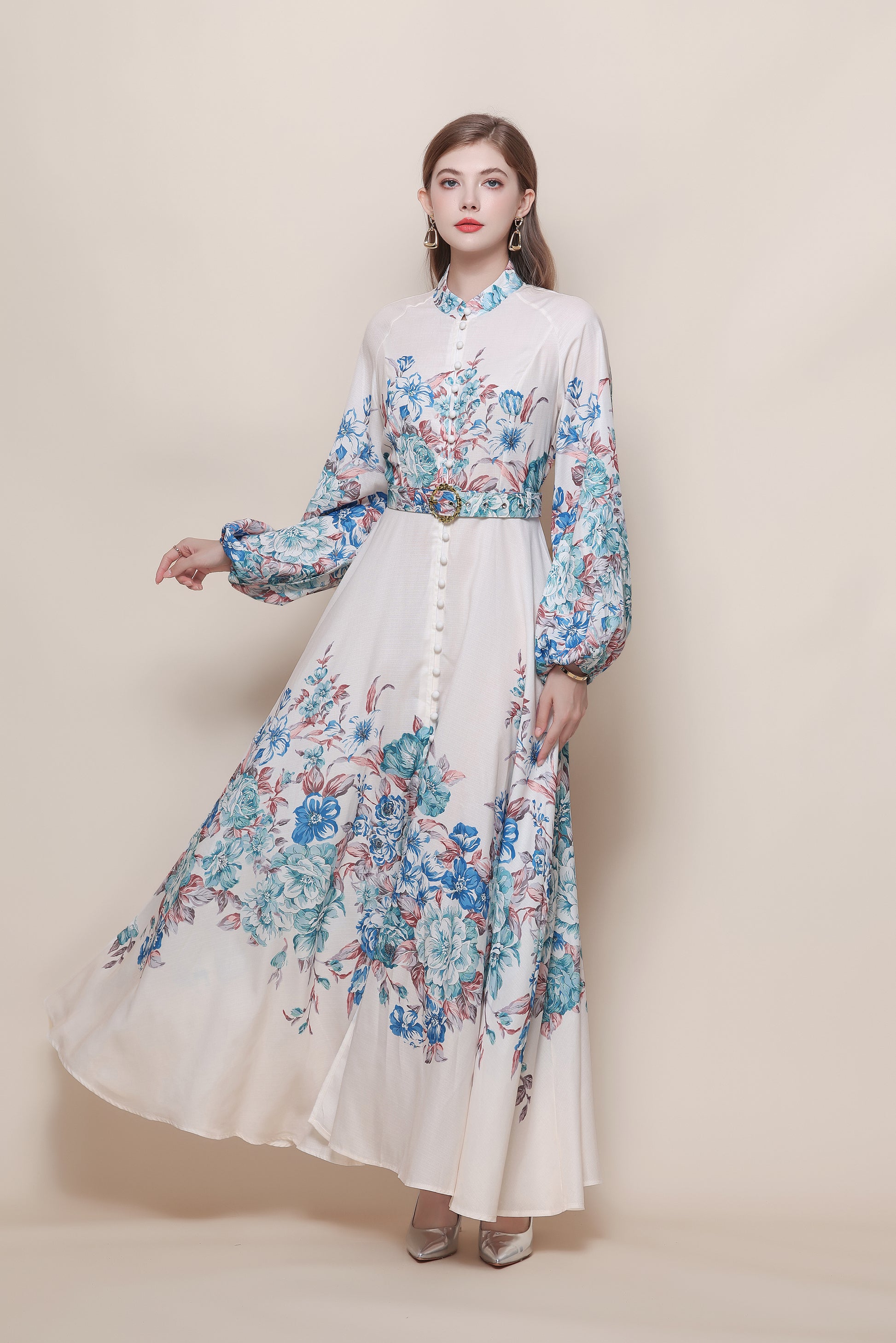 26-Women's Floral Print Puff Sleeve Button Maxi Dress - LAI MENG FIVE CATS