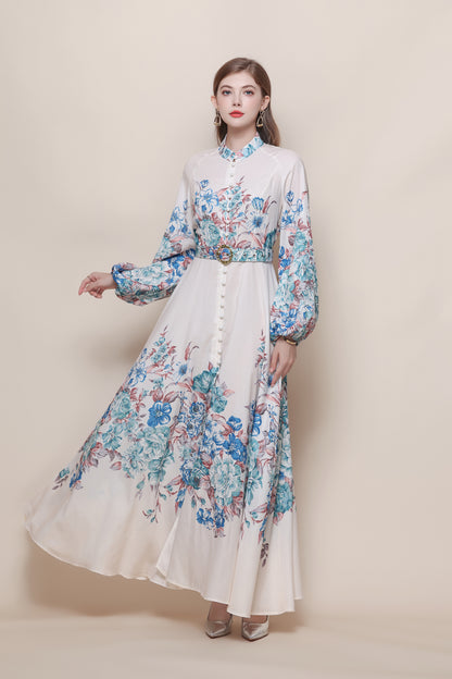 26-Women's Floral Print Puff Sleeve Button Maxi Dress - LAI MENG FIVE CATS