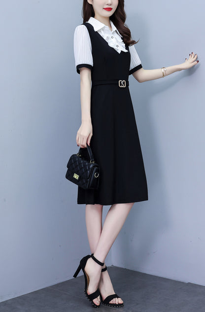 Women's Lapel V-Neck Pocket Short Sleeve Midi Dress - LAI MENG FIVE CATS