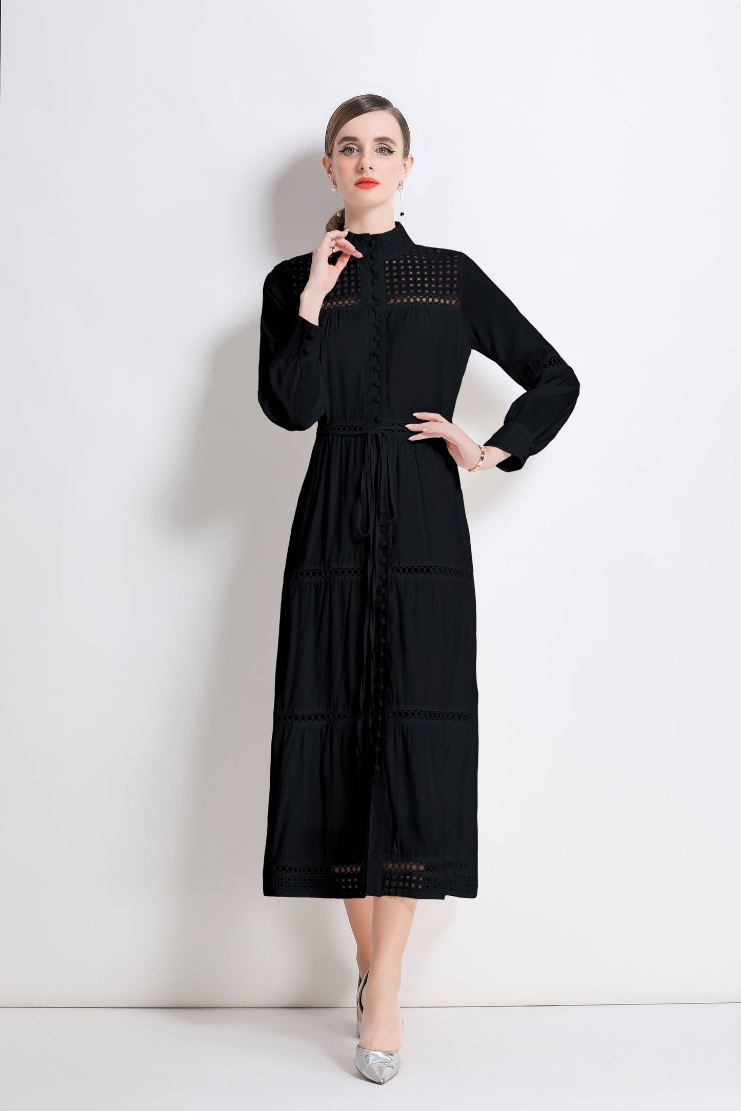 Women's Hollow Out Lace Button Long Sleeve Maxi Dress