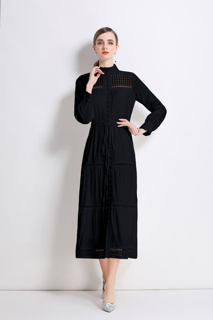 Women's Hollow Out Lace Button Long Sleeve Maxi Dress