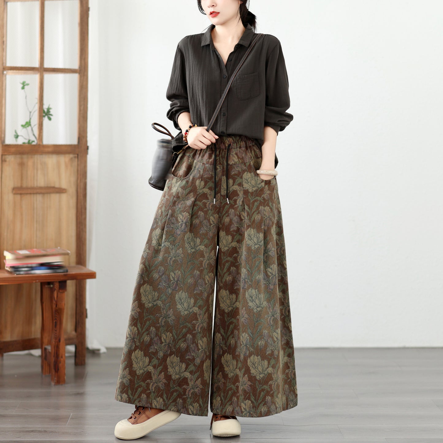 Women's Vintage Floral Print  Drawstring Wide Leg Jeans