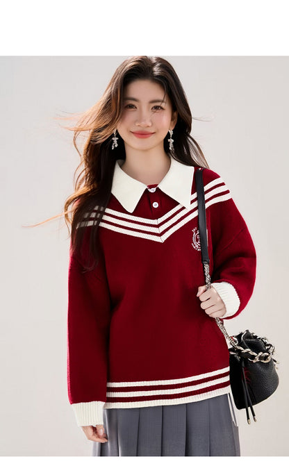 Women's Preppy Sweater 2 in 1 Ribbed Knit Pullover Top