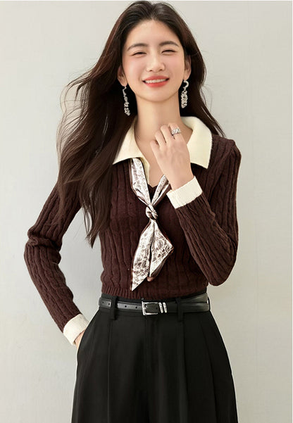 Preppy Color-Block Cable Knit Top with Contrast Collar & Tie Neck