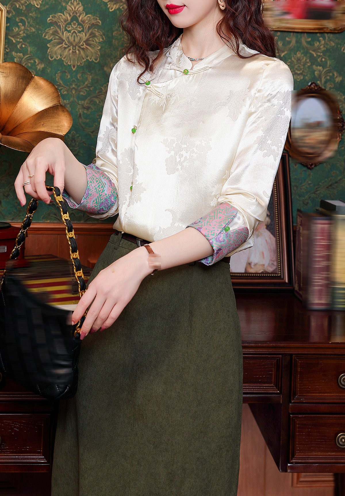 Elegant Chinese Style Jacquard Blouse with Vintage Buttons