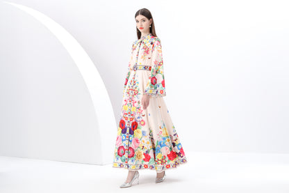 Women's Printed Button Flared Long Sleeves Maxi Dress