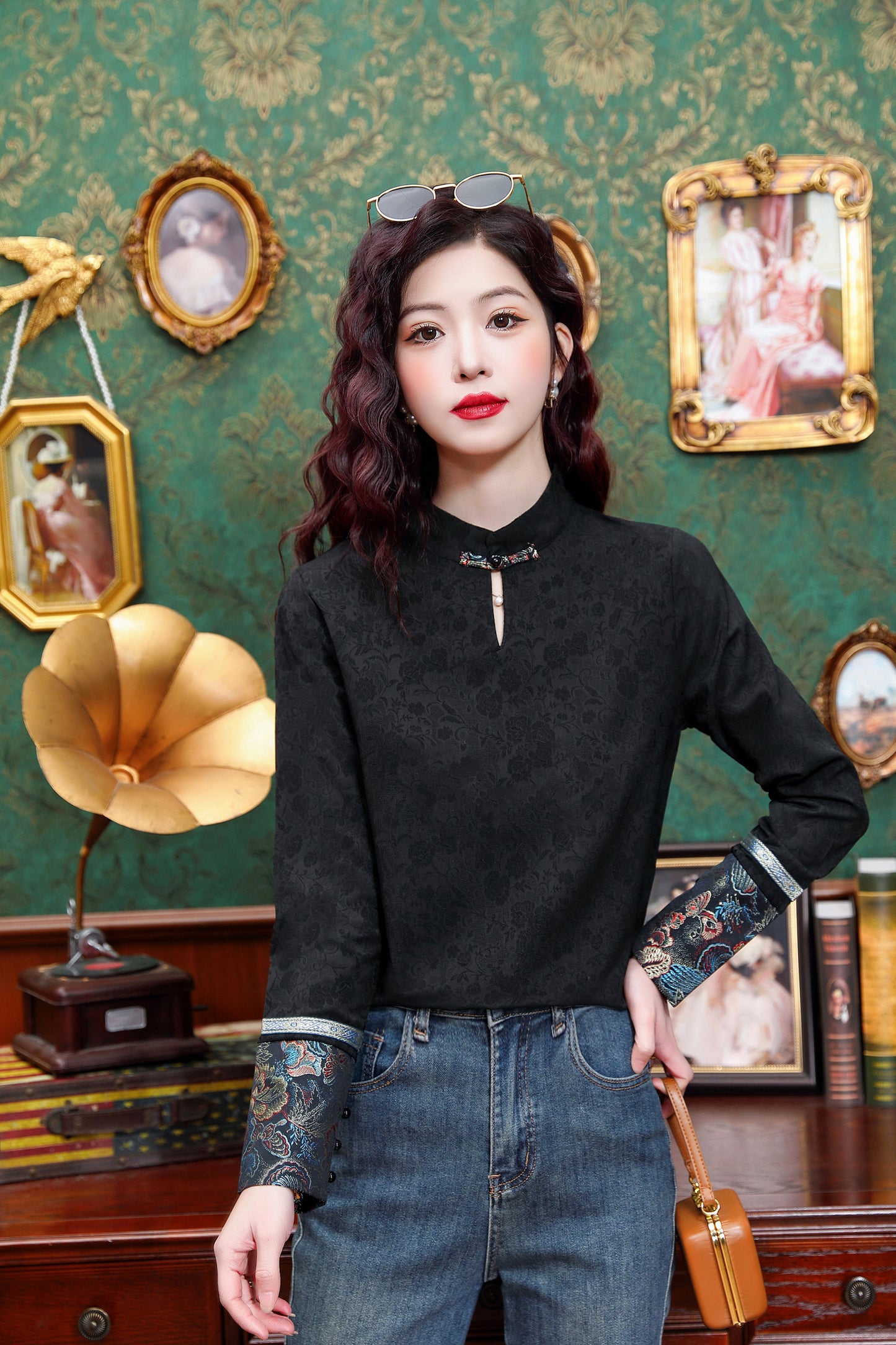 Women's Silk Satin Mandarin Collar Long Sleeve Blouse Top - LAI MENG FIVE CATS