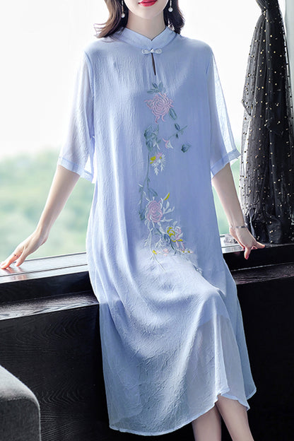 Women's Blue Embroidered Floral Midi Dress