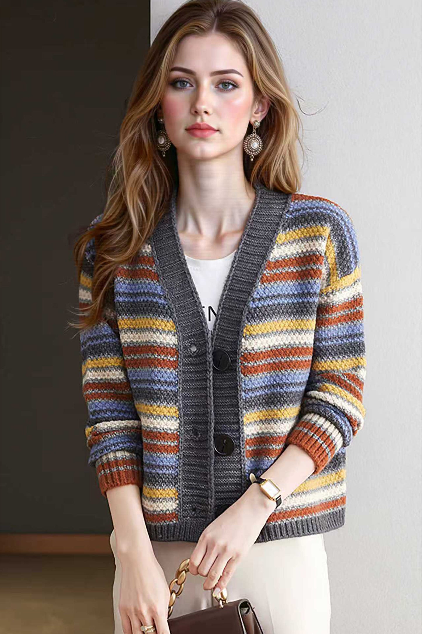 Women's Striped Cable Knit Sweater Cardigan Outerwear
