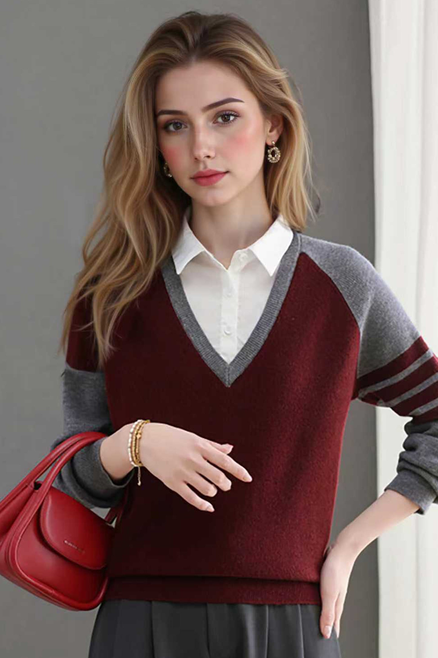 Women's V-Neck Pullover Top Striped Contrast Blouse