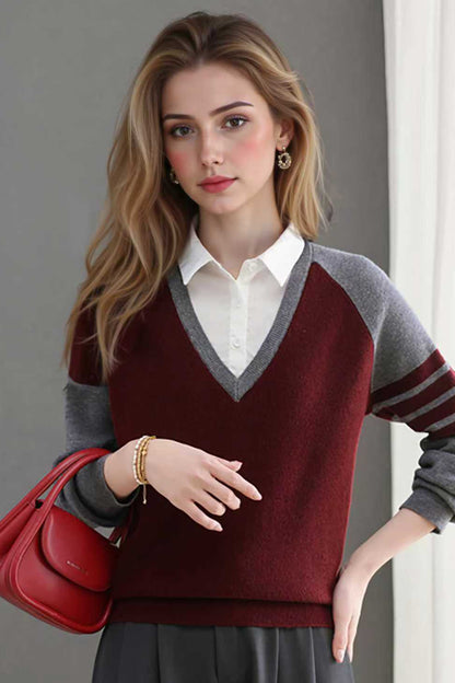 Women's V-Neck Pullover Top Striped Contrast Blouse