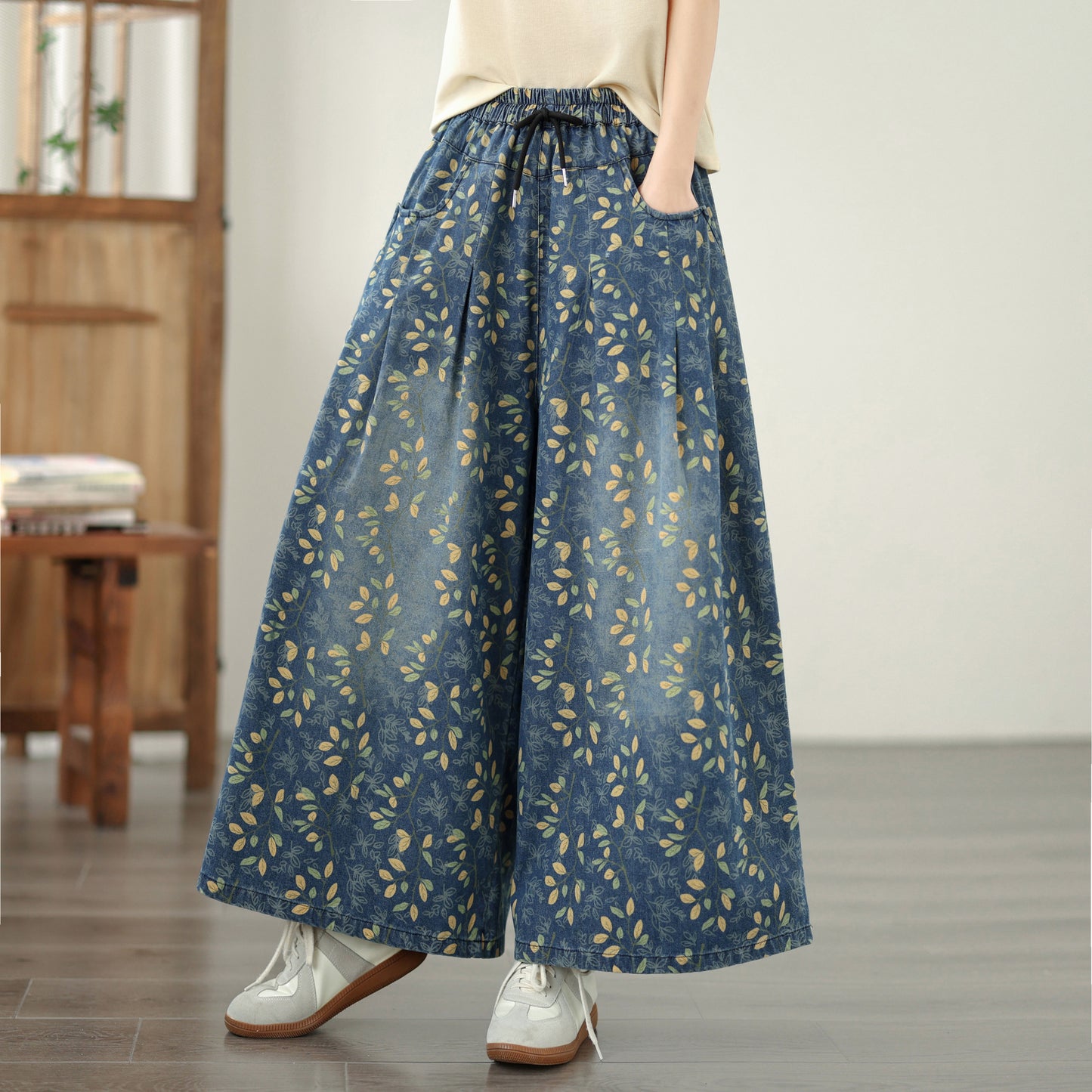 26-Women's Jeans Elastic Waist Baggy Wide Leg Denim - LAI MENG FIVE CATS