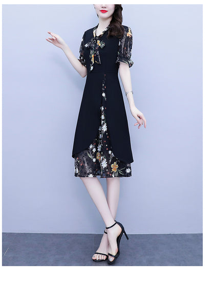 Women's Tie V-Neck Short Sleeve A-line Midi Dress