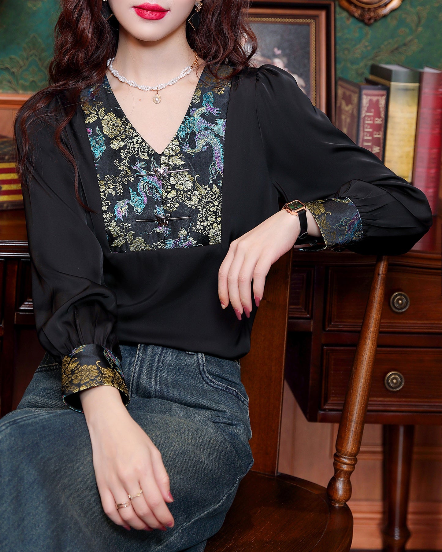 Women's Vintage chinese Silk Satin Top Embroidery Jacquard Blouses