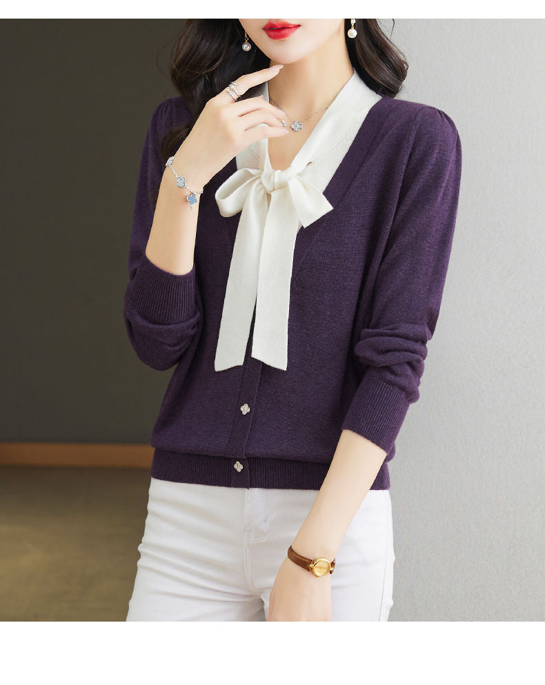 Women's Color Block Tie Neck Knit Top Sweater