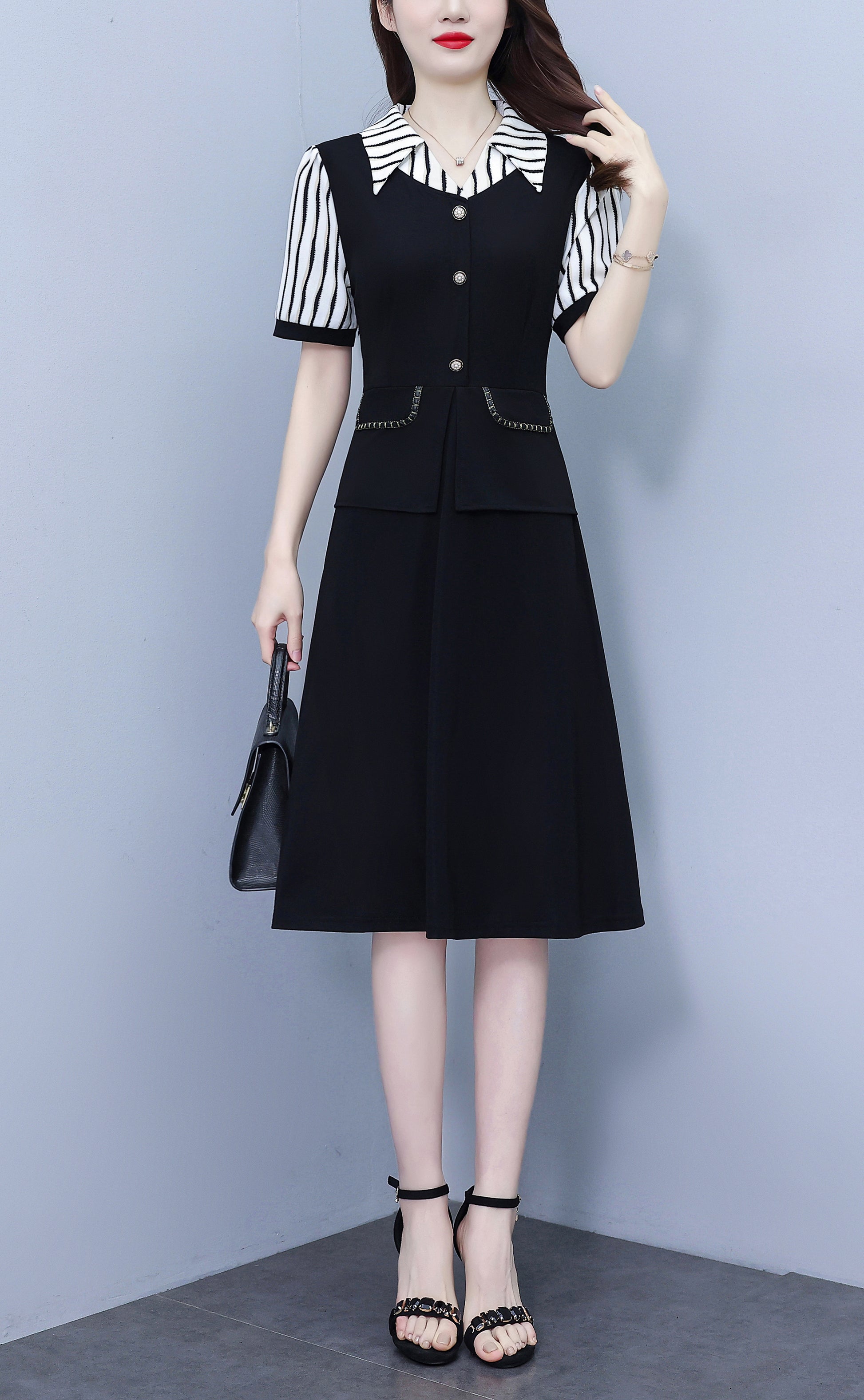 Women's Lapel V-Neck Pocket Short Sleeve Midi Dress - LAI MENG FIVE CATS