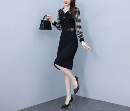 Women's V-Neck with Pockets Long Sleeve Black Dress