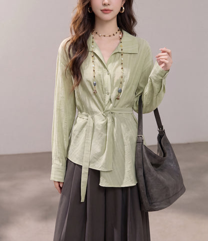 Sage Green Tie-Waist Button-Up Shirt Jacket