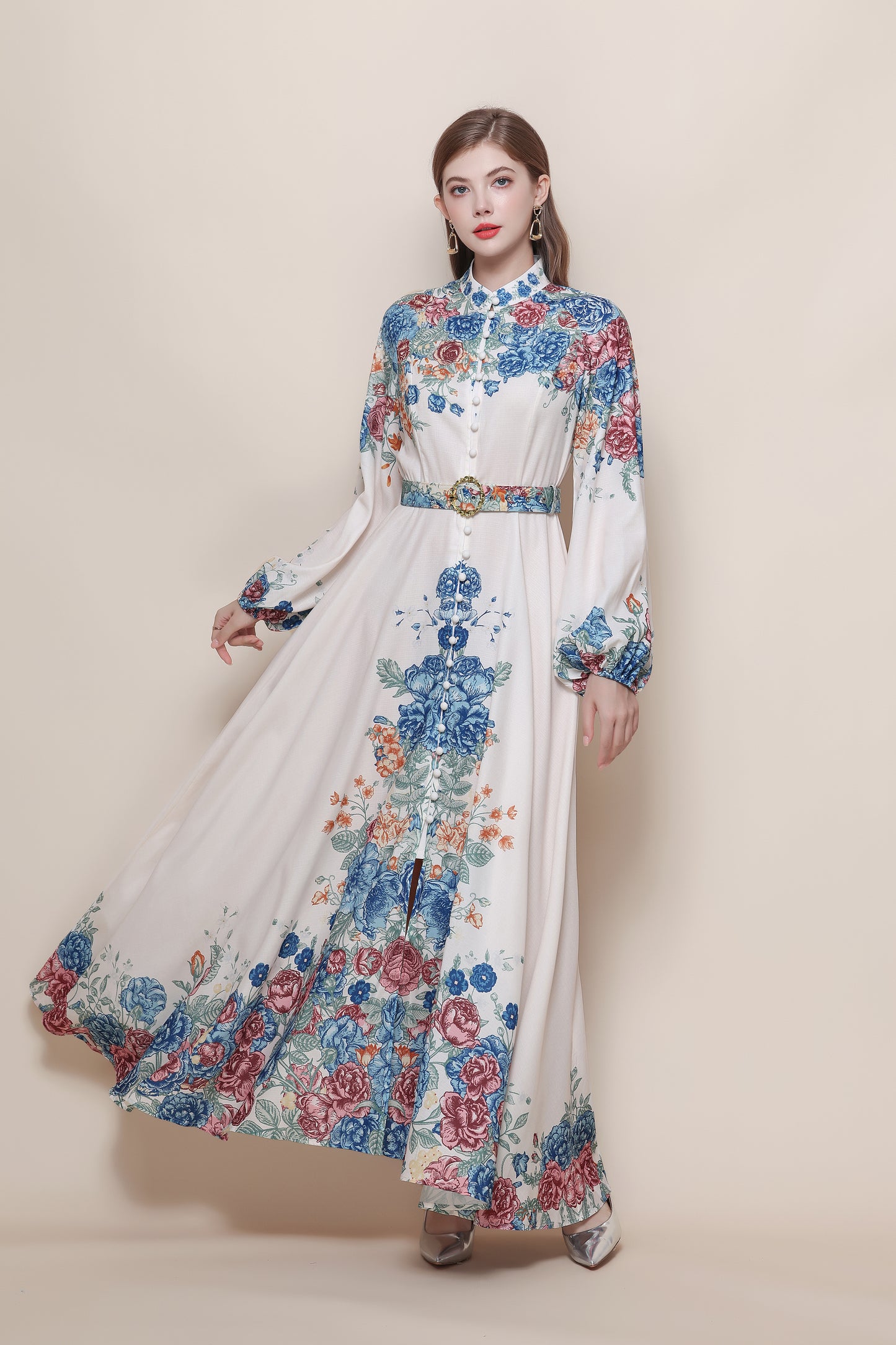 26-Women's Floral Print Puff Sleeve Button Maxi Dress - LAI MENG FIVE CATS