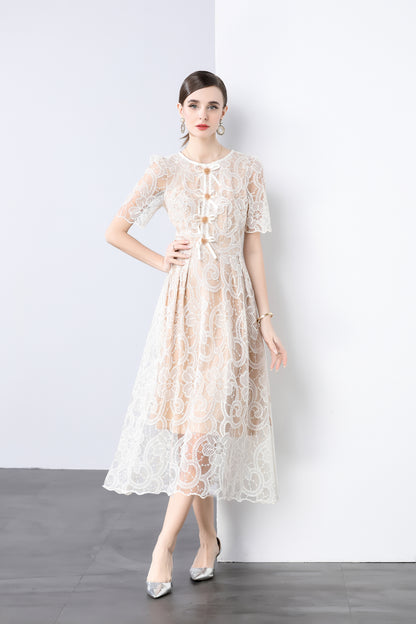 Cream Lace Bow Midi Dress – Romantic Puff Sleeve Summer Dress