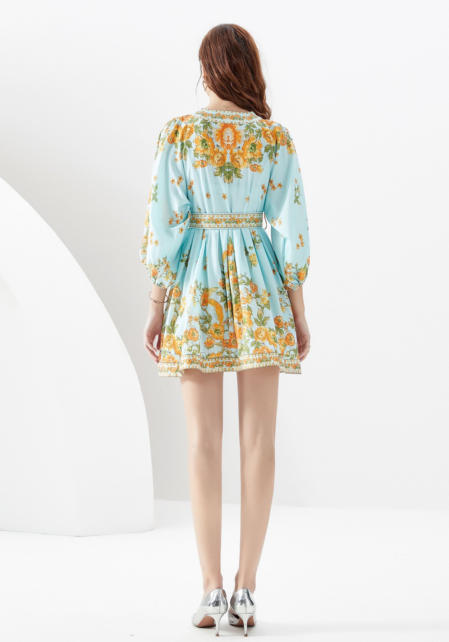 Women's Floral Print V Neck Lantern Sleeve Casual Mini Dress