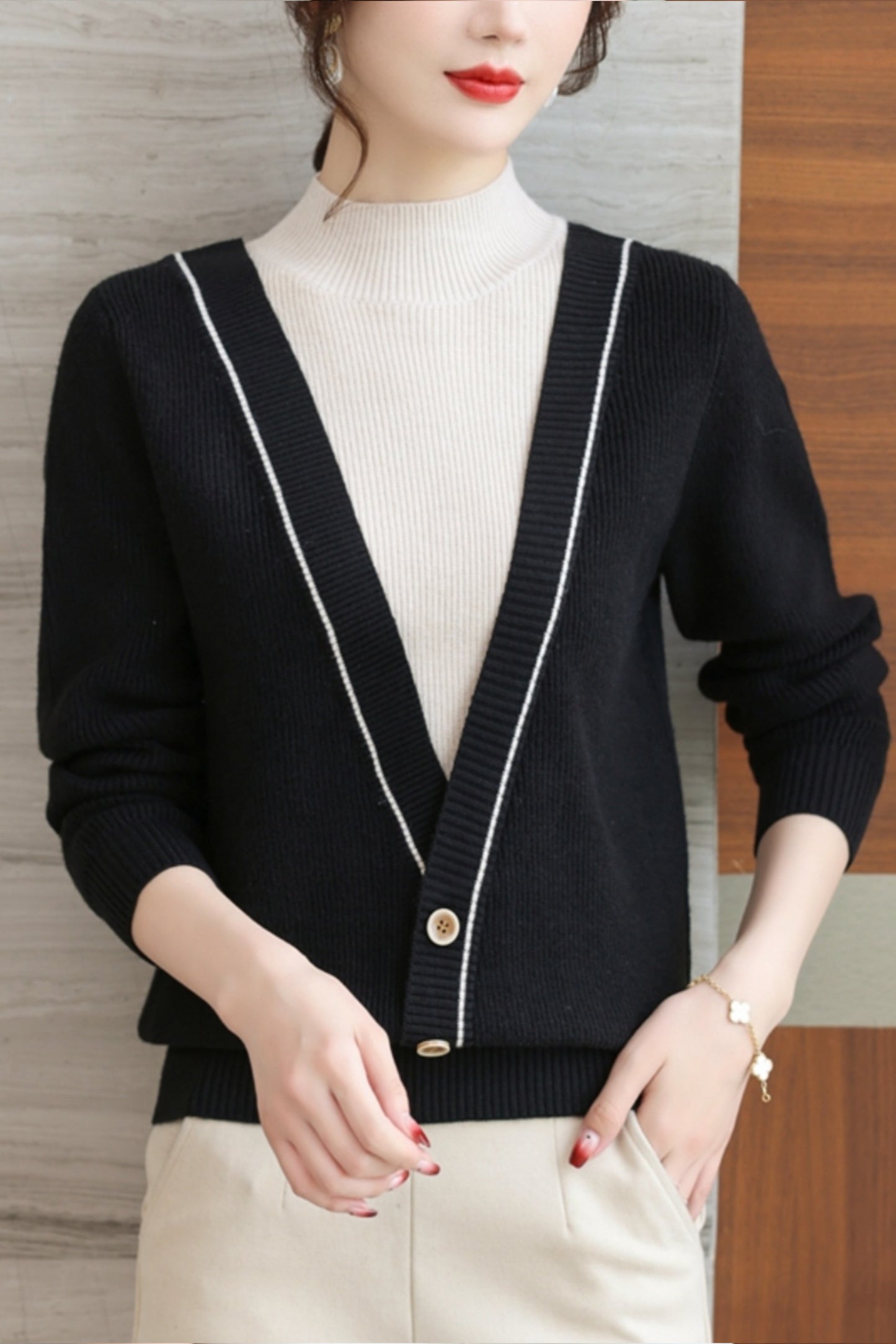 Women's Fall Turtleneck Color Block Knitted Sweater