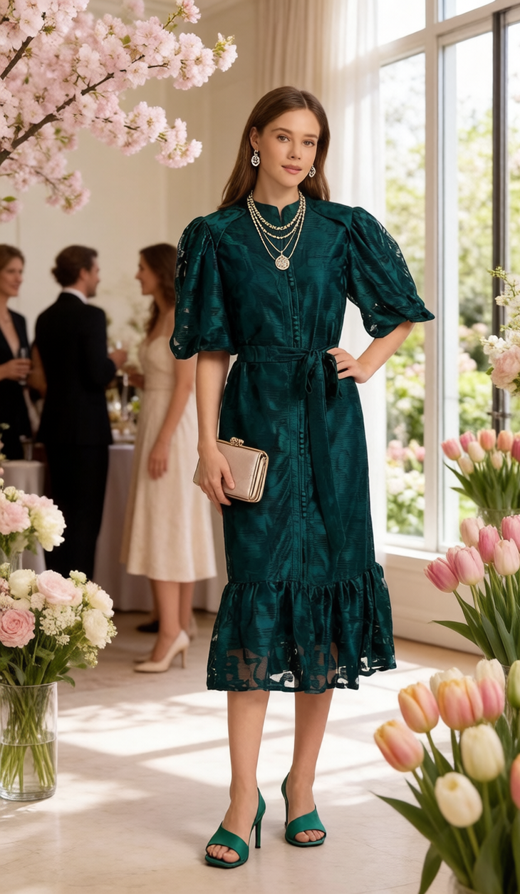 Loose Lace Midi Dress with Front Buttons, Ruffle Hem & Fully Lined - LAI MENG FIVE CATS