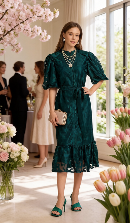 Loose Lace Midi Dress with Front Buttons, Ruffle Hem & Fully Lined - LAI MENG FIVE CATS