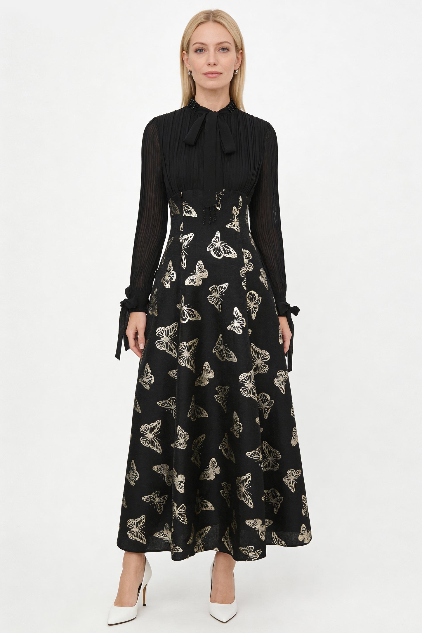 Women's Tie-neck Pleated Top Satin Gilded Party Long Dress - LAI MENG FIVE CATS
