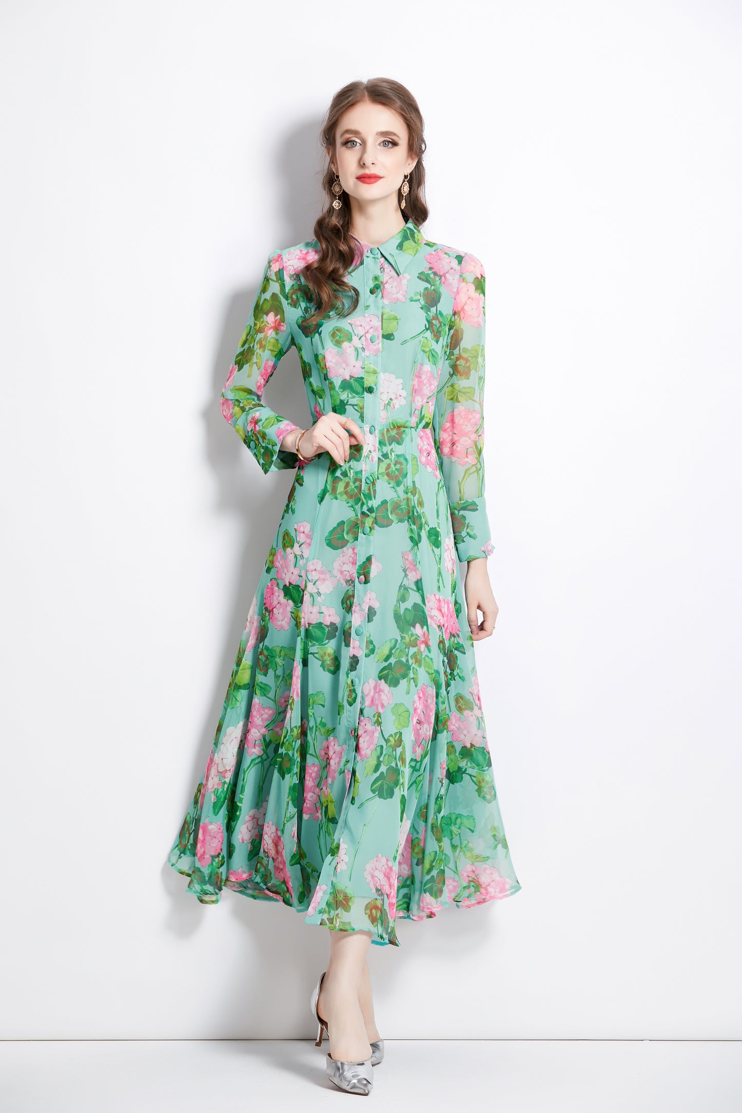 Women's Floral Print Button Up Split Maxi Dress