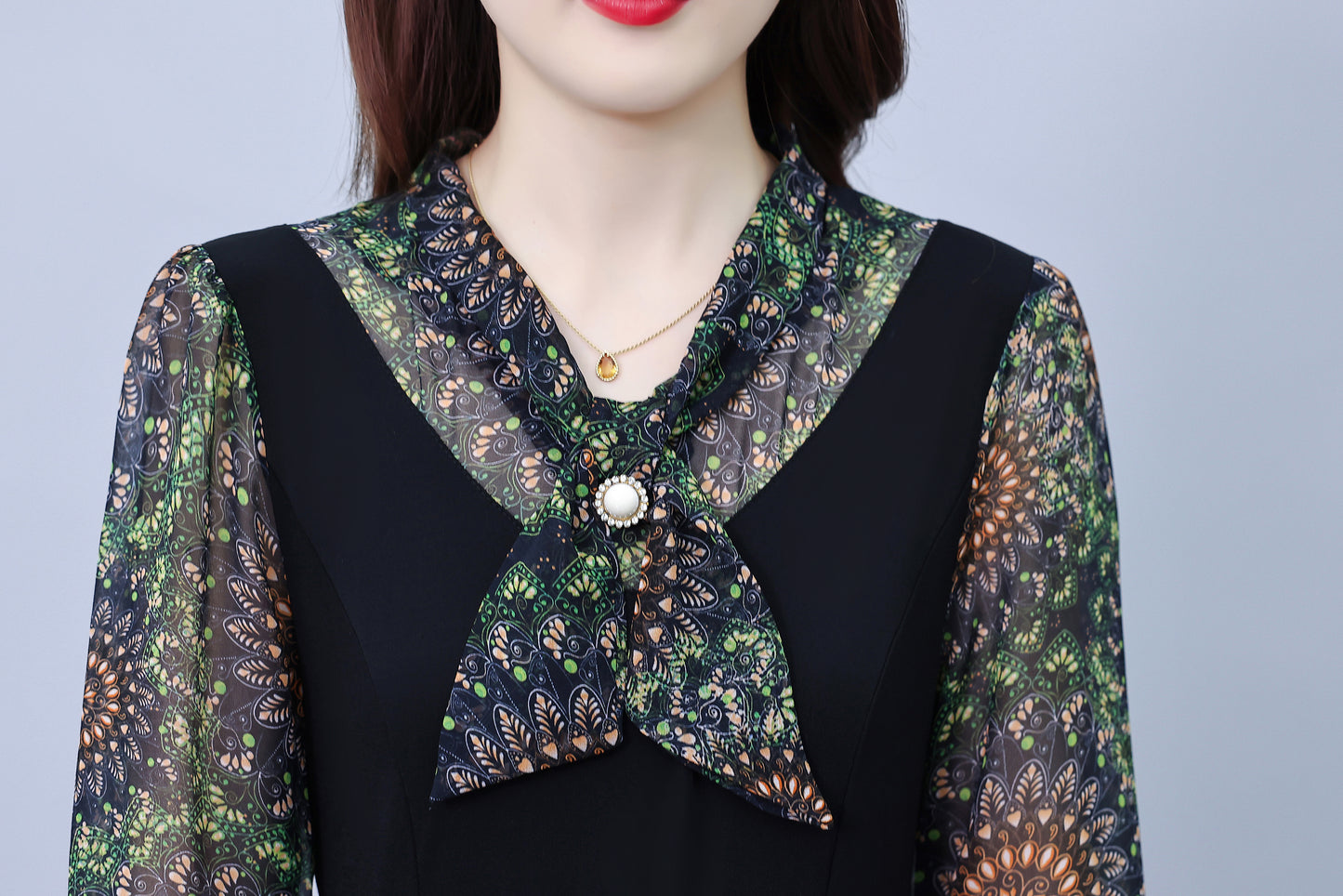 Women's V-Neck Long Sleeve Patchwork Black Dress