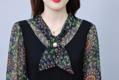 Women's V-Neck Long Sleeve Patchwork Black Dress