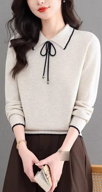 Contrast Trim Bow Collar Knit Top Long Sleeve Soft Sweater