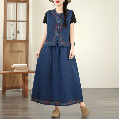 Women's Embroidered Elastic Waist Denim Jean Maxi Skirt Pocket - LAI MENG FIVE CATS
