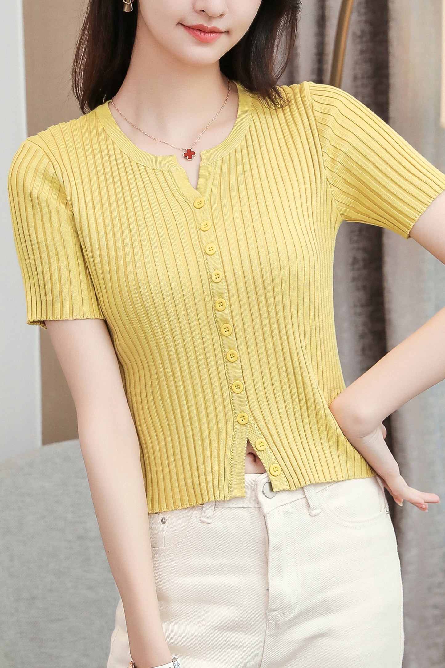 Women's V-Neck Knitted Thin Tops Ribbed Shirt